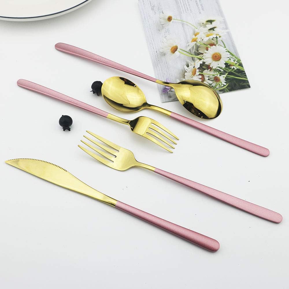 20-Piece SUS304 Stainless Steel Flatware Set, Mirror Polishing Dinnerware Set Service for 4, Knife/Fork/Spoon/Dessert Spoon/Dessert Fork (Pink gold)