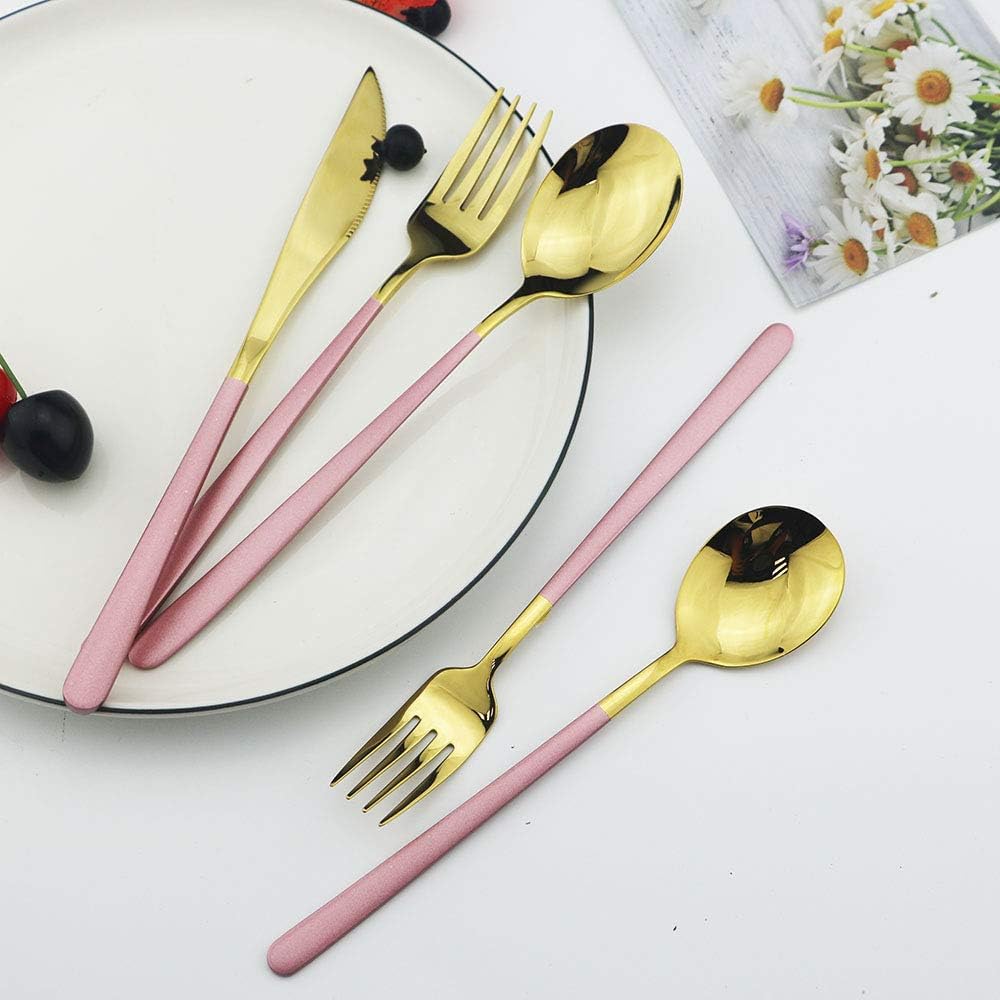 20-Piece SUS304 Stainless Steel Flatware Set, Mirror Polishing Dinnerware Set Service for 4, Knife/Fork/Spoon/Dessert Spoon/Dessert Fork (Pink gold)