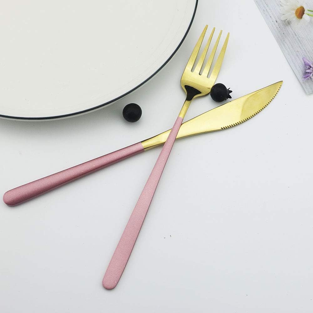 20-Piece SUS304 Stainless Steel Flatware Set, Mirror Polishing Dinnerware Set Service for 4, Knife/Fork/Spoon/Dessert Spoon/Dessert Fork (Pink gold)