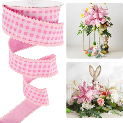 Pink and White Gingham Easter Ribbon with Snowball Edge 2.5 Inch Wide 10 Yards Wired Dupioni Ribbons for Easter Basket Bunny Decor Floral Wreath Gift Wrap Holiday Event Decorations