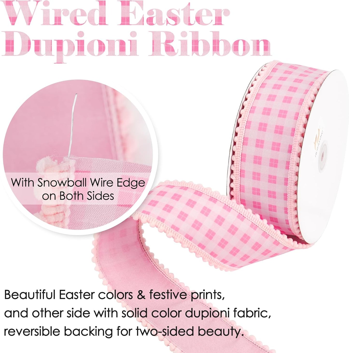 Pink and White Gingham Easter Ribbon with Snowball Edge 2.5 Inch Wide 10 Yards Wired Dupioni Ribbons for Easter Basket Bunny Decor Floral Wreath Gift Wrap Holiday Event Decorations