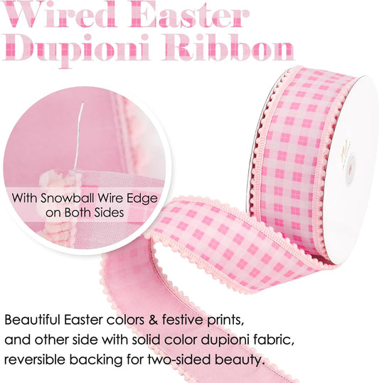 Pink and White Gingham Easter Ribbon with Snowball Edge 2.5 Inch Wide 10 Yards Wired Dupioni Ribbons for Easter Basket Bunny Decor Floral Wreath Gift Wrap Holiday Event Decorations