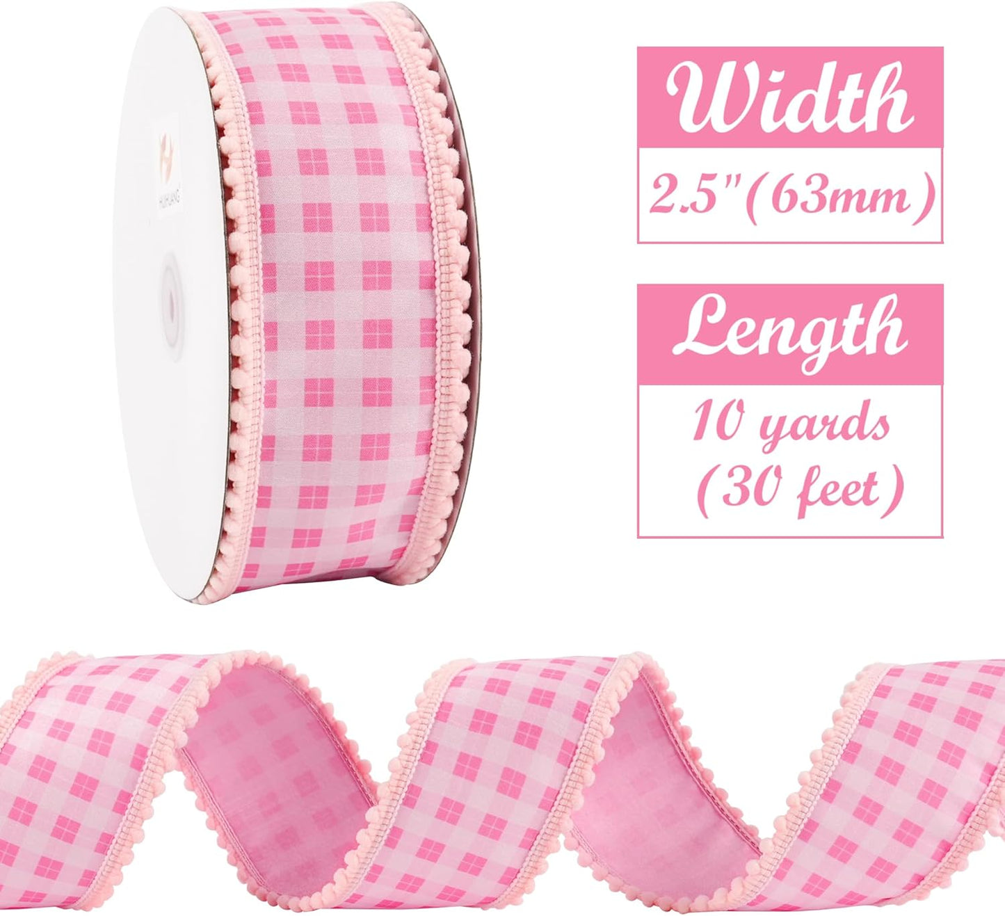 Pink and White Gingham Easter Ribbon with Snowball Edge 2.5 Inch Wide 10 Yards Wired Dupioni Ribbons for Easter Basket Bunny Decor Floral Wreath Gift Wrap Holiday Event Decorations