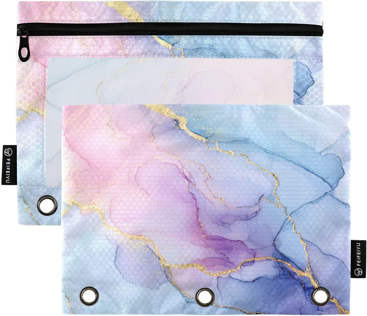 Binder Pouches,Pink Blue Marble Pencil Pouch for 3 Ring Binder 2 Pack Clear Pencil Bag with Zipper for Office School Supplies
