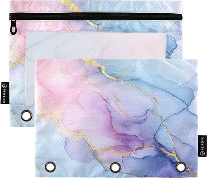 Binder Pouches,Pink Blue Marble Pencil Pouch for 3 Ring Binder 2 Pack Clear Pencil Bag with Zipper for Office School Supplies