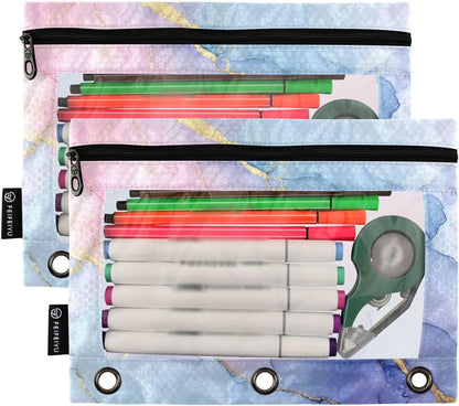 Binder Pouches,Pink Blue Marble Pencil Pouch for 3 Ring Binder 2 Pack Clear Pencil Bag with Zipper for Office School Supplies