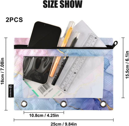 Binder Pouches,Pink Blue Marble Pencil Pouch for 3 Ring Binder 2 Pack Clear Pencil Bag with Zipper for Office School Supplies
