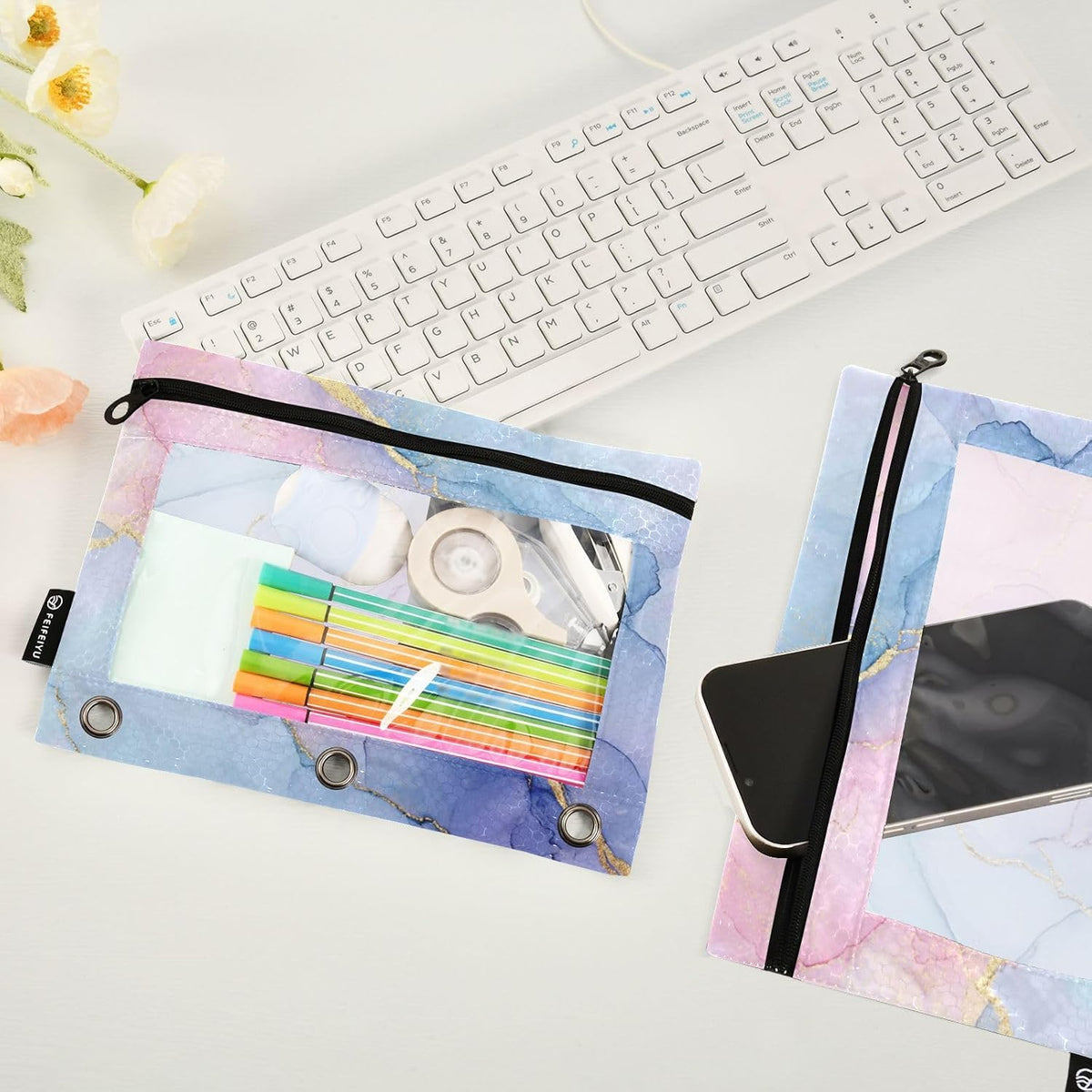 Binder Pouches,Pink Blue Marble Pencil Pouch for 3 Ring Binder 2 Pack Clear Pencil Bag with Zipper for Office School Supplies