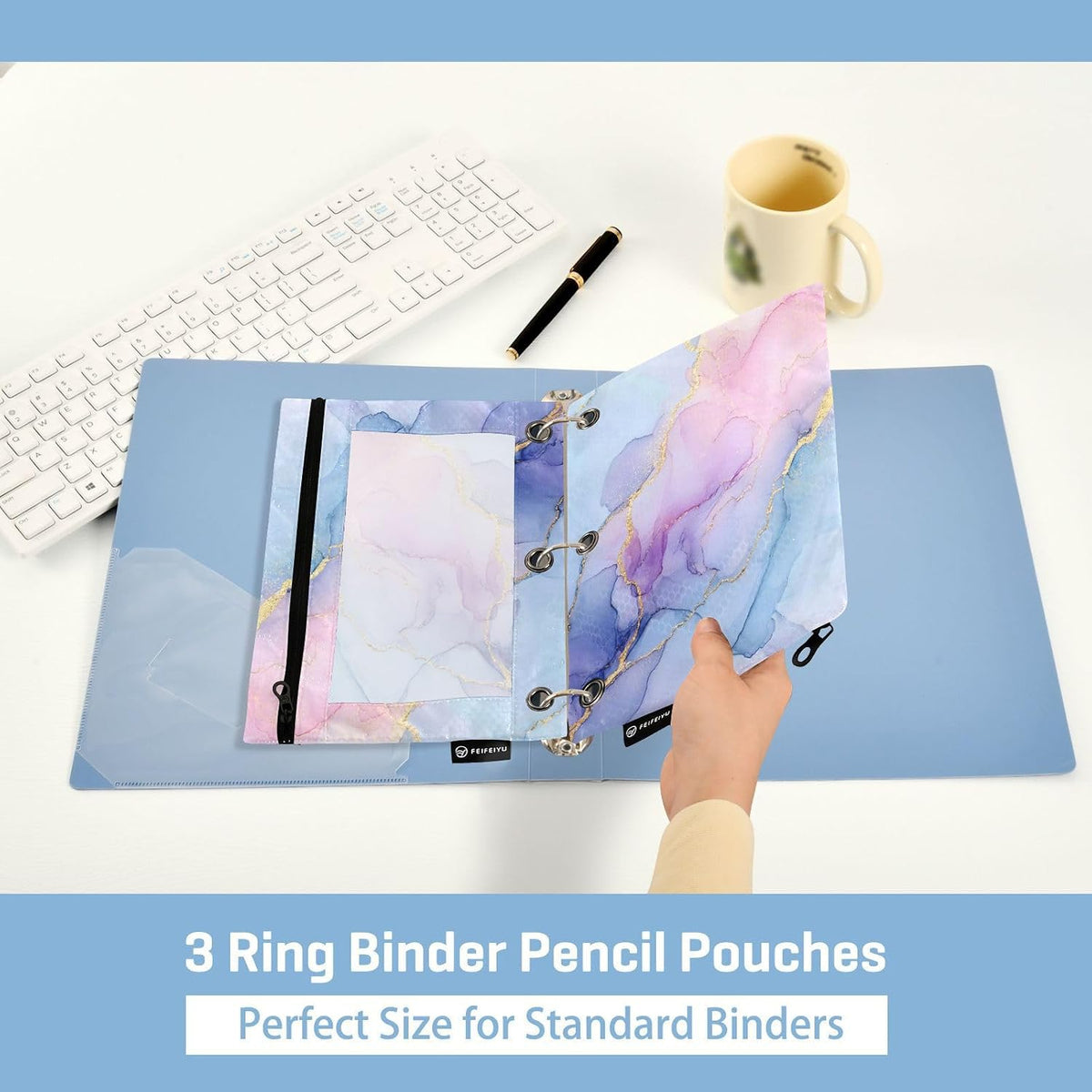 Binder Pouches,Pink Blue Marble Pencil Pouch for 3 Ring Binder 2 Pack Clear Pencil Bag with Zipper for Office School Supplies