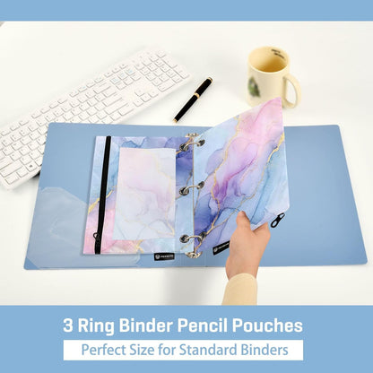 Binder Pouches,Pink Blue Marble Pencil Pouch for 3 Ring Binder 2 Pack Clear Pencil Bag with Zipper for Office School Supplies