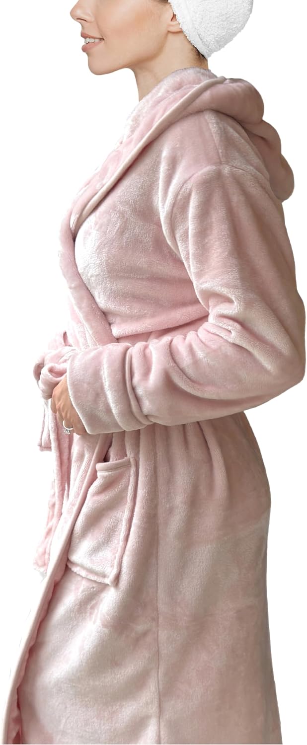 Women's Plush Fleece Hooded Bathrobe Luxury Hooded Women's Spa With Shawl Collar and Pockets