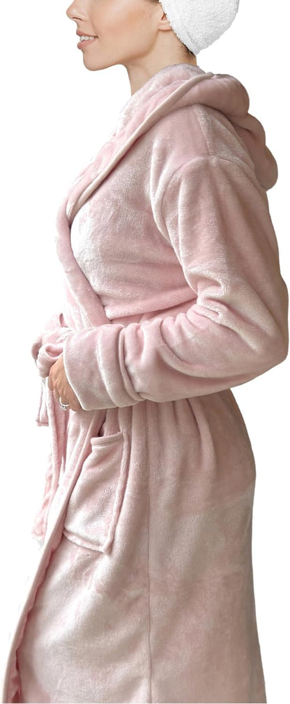Women's Plush Fleece Hooded Bathrobe Luxury Hooded Women's Spa With Shawl Collar and Pockets
