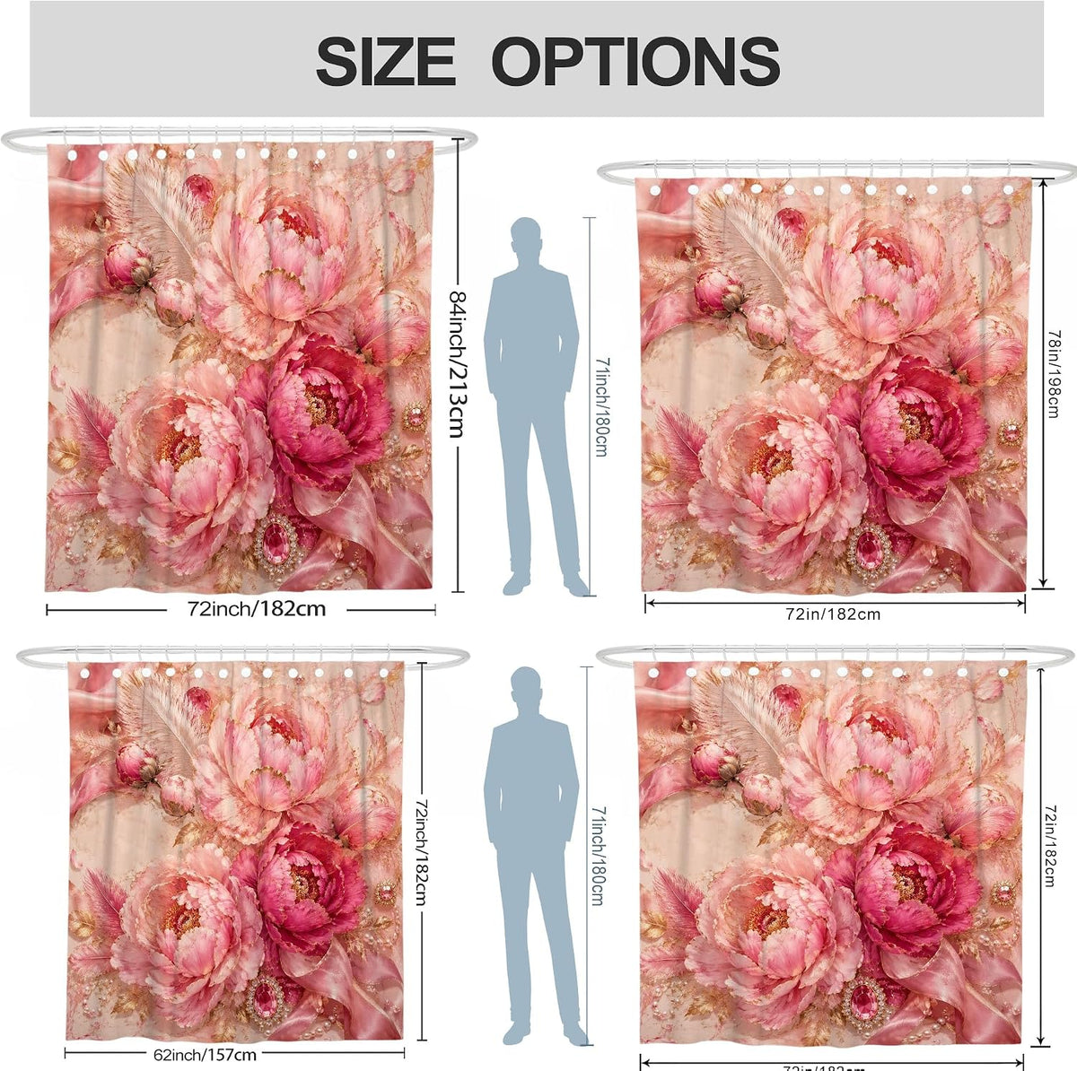Peony Shower Curtain, Floral Romantic Ribbon Feather Spring Peach Waterproof Fabric Toile Cloth Shower Curtains Decor for Bathroom Guest Room 72x72 Inch