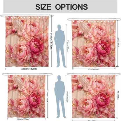 Peony Shower Curtain, Floral Romantic Ribbon Feather Spring Peach Waterproof Fabric Toile Cloth Shower Curtains Decor for Bathroom Guest Room 72x72 Inch
