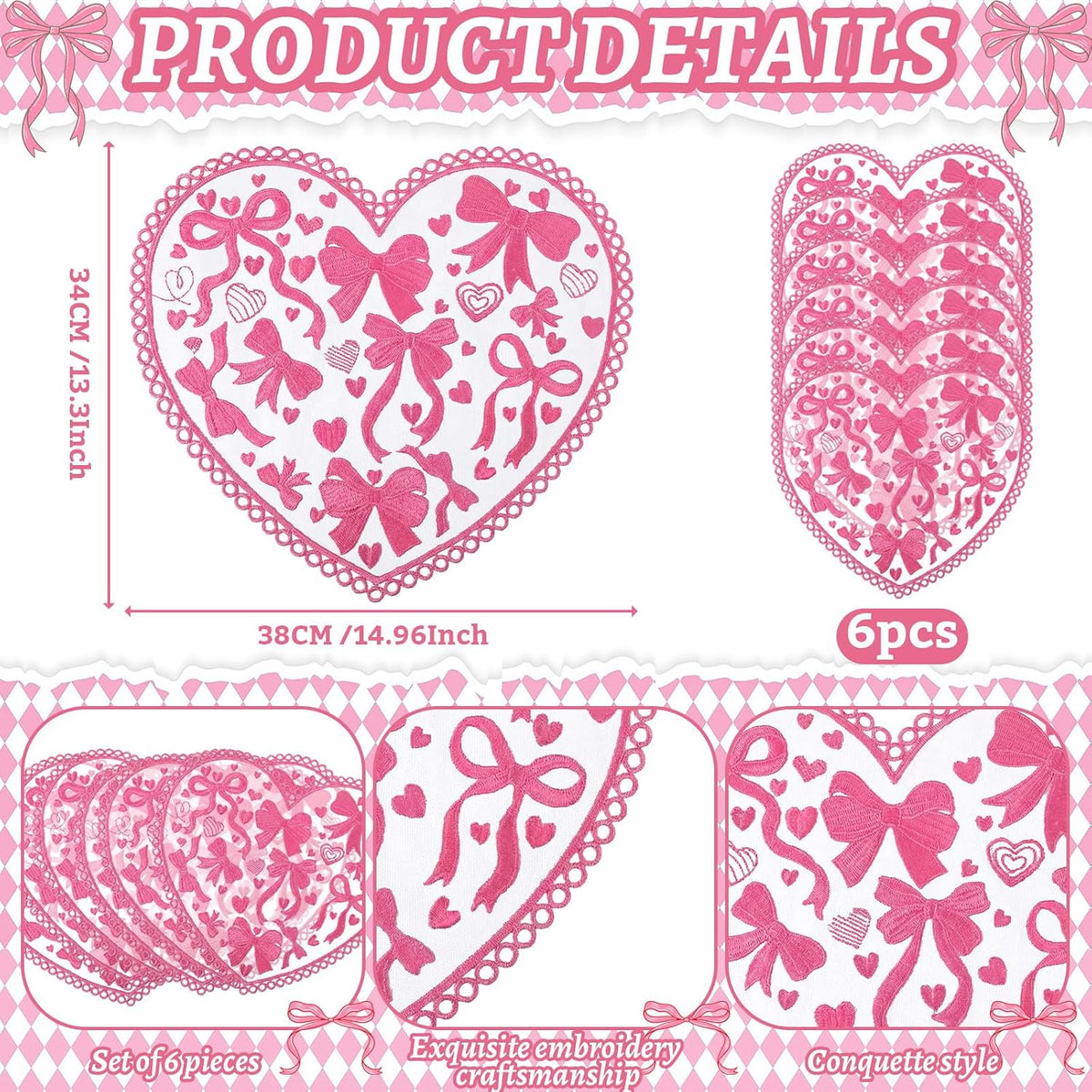 6 Pcs Pink Heart Placemats Coquette Bow Lace Dining Table Mats