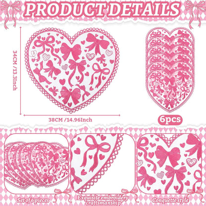 6 Pcs Pink Heart Placemats Coquette Bow Lace Dining Table Mats