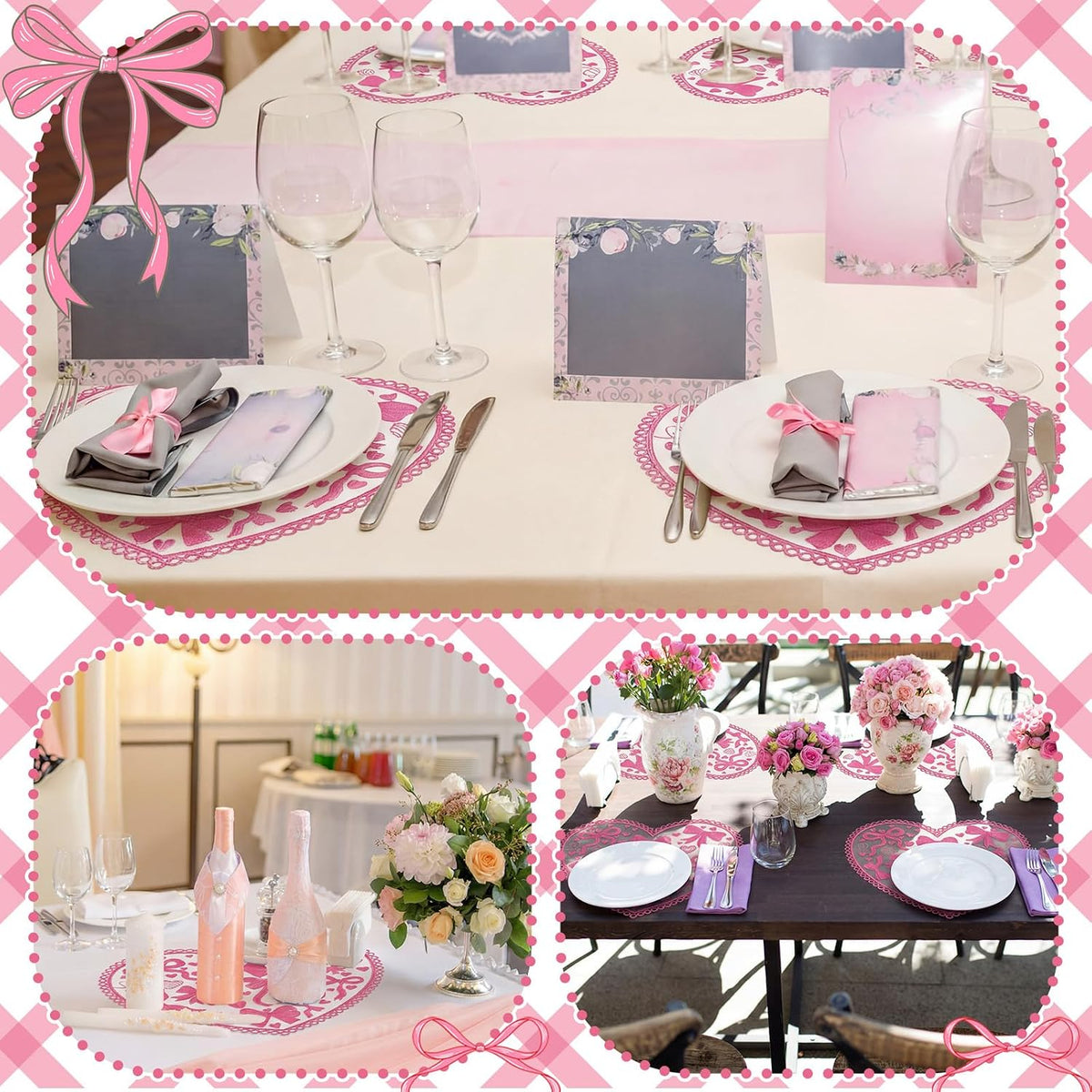 6 Pcs Pink Heart Placemats Coquette Bow Lace Dining Table Mats