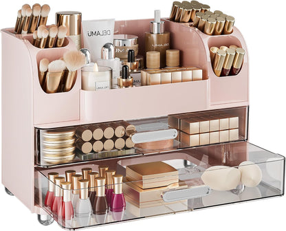 Large Makeup Organizer Countertop with 6 Brush Holders, Pink