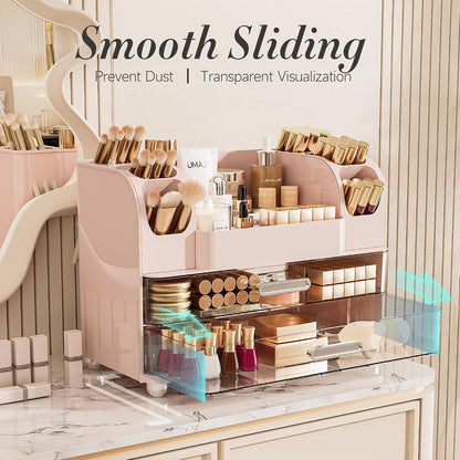 Large Makeup Organizer Countertop with 6 Brush Holders, Pink