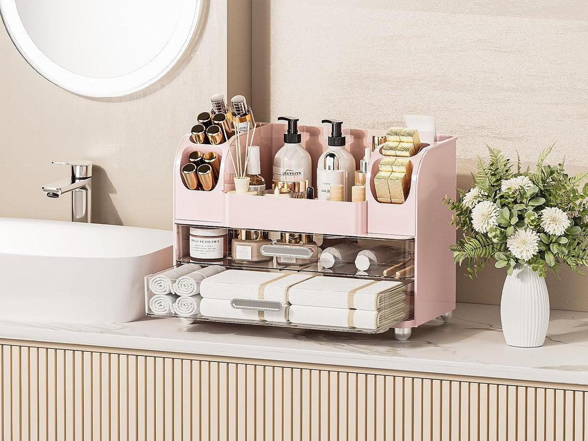 Large Makeup Organizer Countertop with 6 Brush Holders, Pink