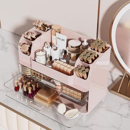 Large Makeup Organizer Countertop with 6 Brush Holders, Pink