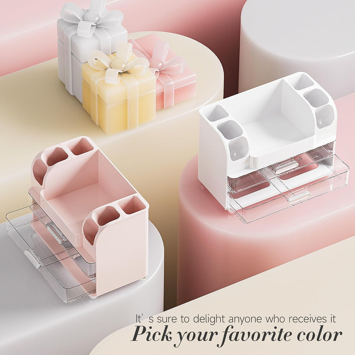 Large Makeup Organizer Countertop with 6 Brush Holders, Pink