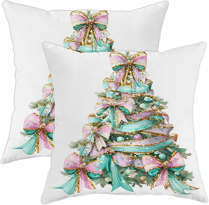 Bow Throw Pillow Covers Set of 2, Festive Fanciful Christmas Tree Ornaments Xmas Peach Soft Velvet Washable Accents Pillows Cases for Home Living Room Bedroom Dorm Couch Decor 22x22 Inch