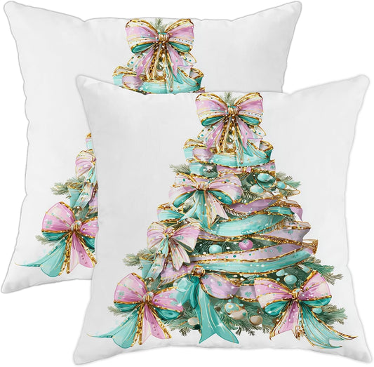 Bow Throw Pillow Covers Set of 2, Festive Fanciful Christmas Tree Ornaments Xmas Peach Soft Velvet Washable Accents Pillows Cases for Home Living Room Bedroom Dorm Couch Decor 22x22 Inch