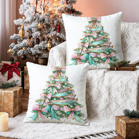 Bow Throw Pillow Covers Set of 2, Festive Fanciful Christmas Tree Ornaments Xmas Peach Soft Velvet Washable Accents Pillows Cases for Home Living Room Bedroom Dorm Couch Decor 22x22 Inch