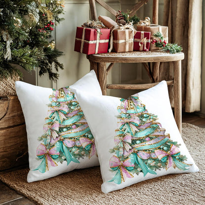 Bow Throw Pillow Covers Set of 2, Festive Fanciful Christmas Tree Ornaments Xmas Peach Soft Velvet Washable Accents Pillows Cases for Home Living Room Bedroom Dorm Couch Decor 22x22 Inch
