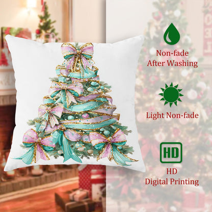 Bow Throw Pillow Covers Set of 2, Festive Fanciful Christmas Tree Ornaments Xmas Peach Soft Velvet Washable Accents Pillows Cases for Home Living Room Bedroom Dorm Couch Decor 22x22 Inch
