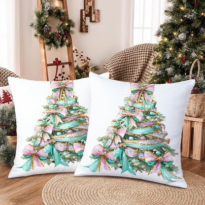Bow Throw Pillow Covers Set of 2, Festive Fanciful Christmas Tree Ornaments Xmas Peach Soft Velvet Washable Accents Pillows Cases for Home Living Room Bedroom Dorm Couch Decor 22x22 Inch