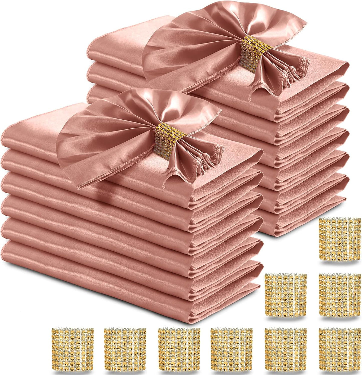 Rose Gold Satin Napkins and Napkin Rings Set of 50, 17 x 17 Inch
