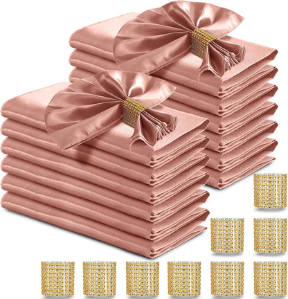 Rose Gold Satin Napkins and Napkin Rings Set of 50, 17 x 17 Inch