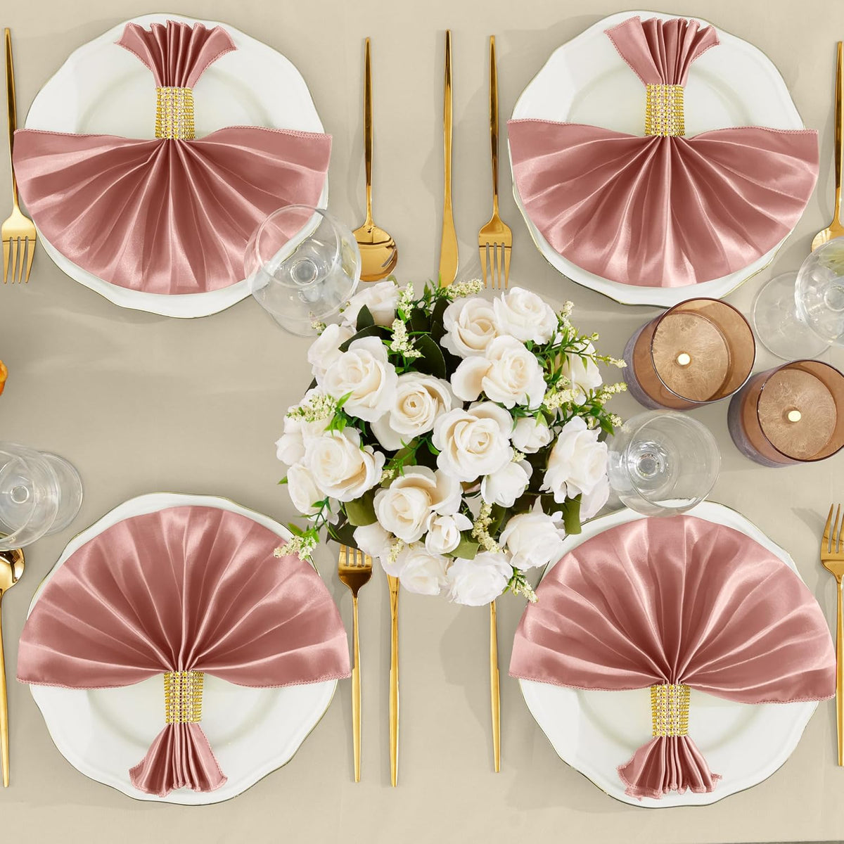 Rose Gold Satin Napkins and Napkin Rings Set of 50, 17 x 17 Inch