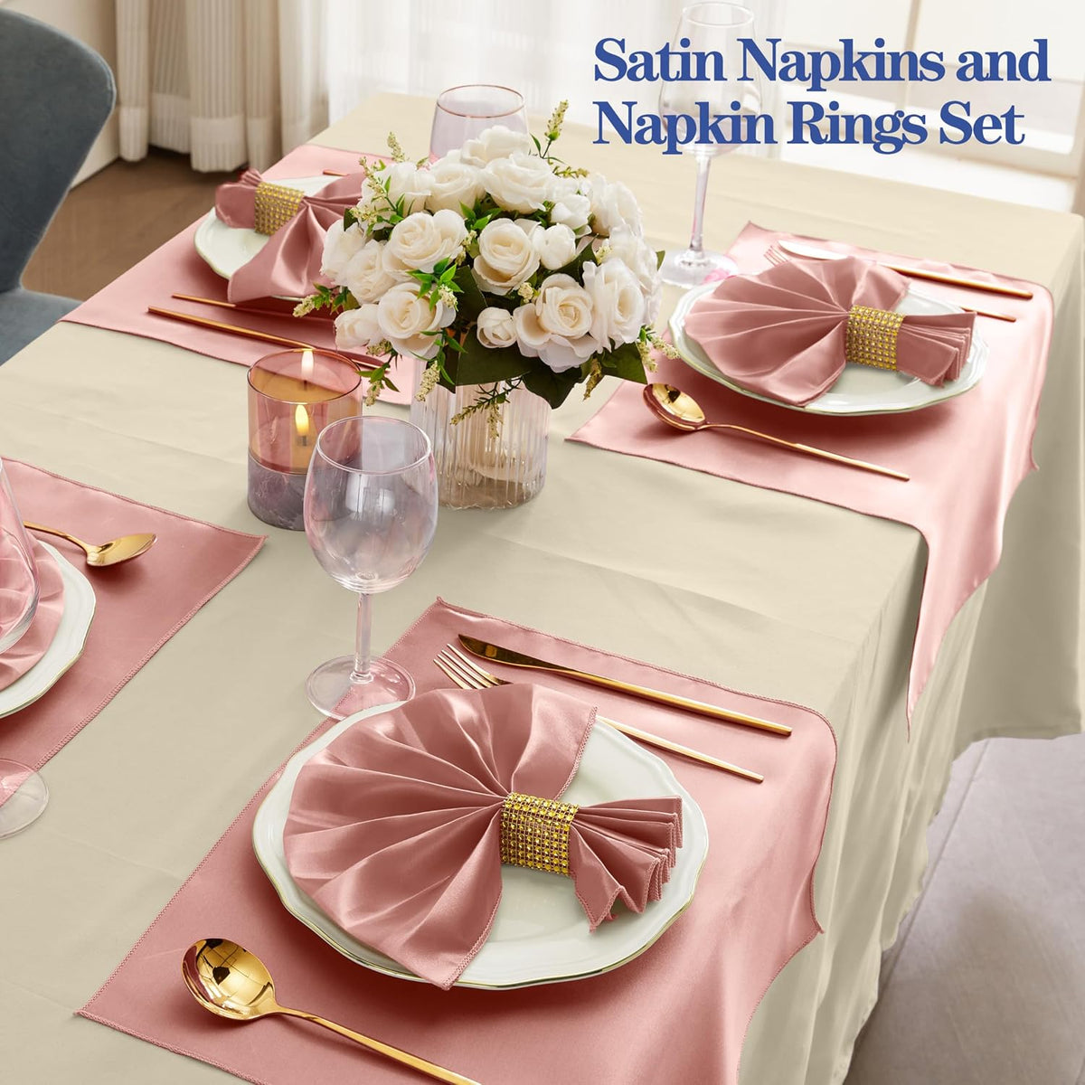 Rose Gold Satin Napkins and Napkin Rings Set of 50, 17 x 17 Inch