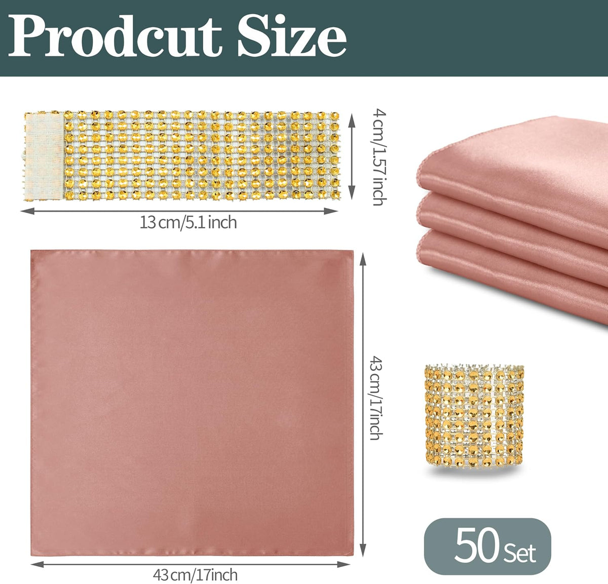 Rose Gold Satin Napkins and Napkin Rings Set of 50, 17 x 17 Inch