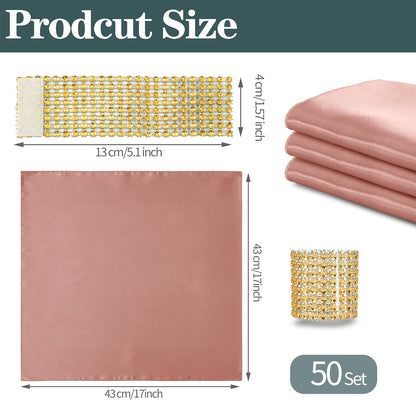 Rose Gold Satin Napkins and Napkin Rings Set of 50, 17 x 17 Inch