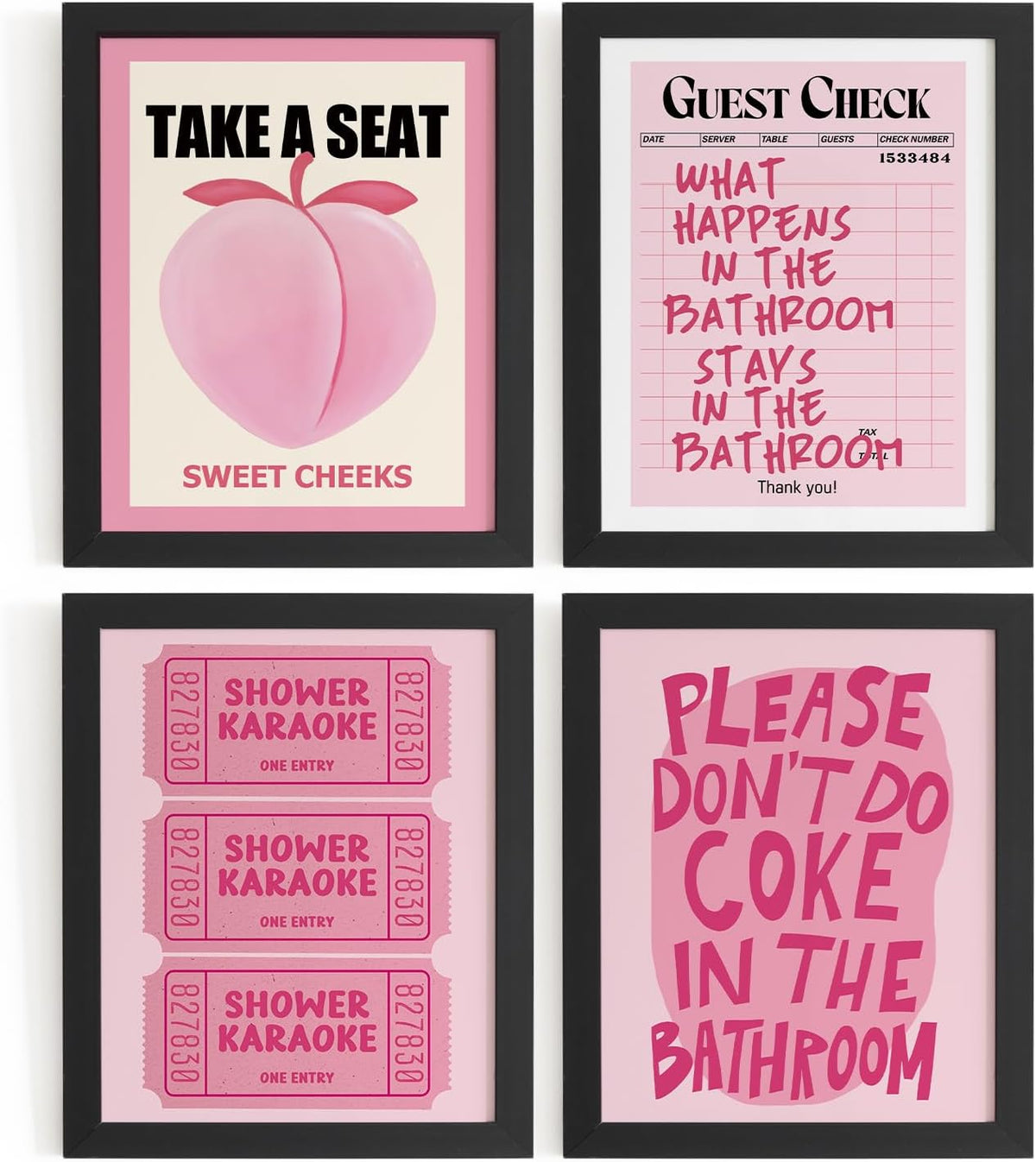 Funky Peach Pink Bathroom Wall Decor Pictures Prints 8x10, Preppy Pink Bathroom Wall Art Posters for Teen Girls College Dorm Restroom Bath Room, 4Pcs Unframed
