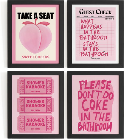 Funky Peach Pink Bathroom Wall Decor Pictures Prints 8x10, Preppy Pink Bathroom Wall Art Posters for Teen Girls College Dorm Restroom Bath Room, 4Pcs Unframed