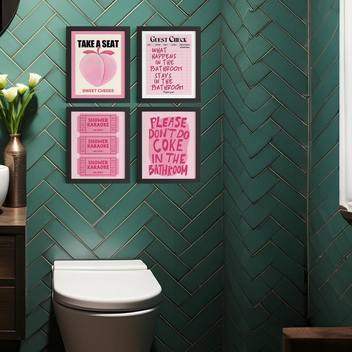 Funky Peach Pink Bathroom Wall Decor Pictures Prints 8x10, Preppy Pink Bathroom Wall Art Posters for Teen Girls College Dorm Restroom Bath Room, 4Pcs Unframed