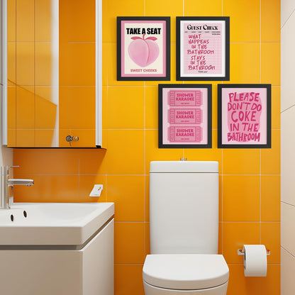 Funky Peach Pink Bathroom Wall Decor Pictures Prints 8x10, Preppy Pink Bathroom Wall Art Posters for Teen Girls College Dorm Restroom Bath Room, 4Pcs Unframed