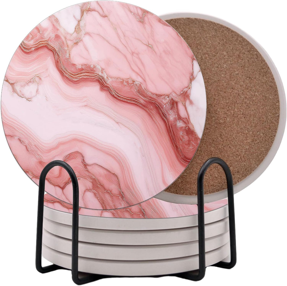 Pink Marble Round Coasters Set of 6 - Abosrbent Ceramic Coasters with Metal Stand for Drinks, Beer, Coffee, Non-Slip Cork Back for Tabletop Protection, 4 Inches (Pink 4)
