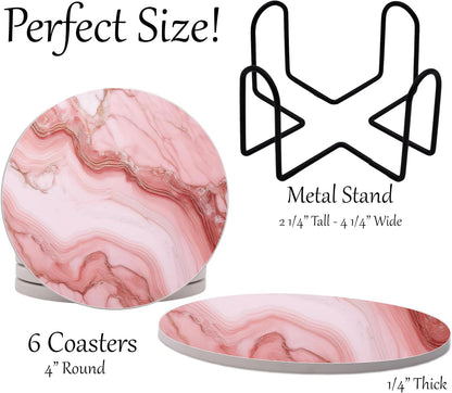 Pink Marble Round Coasters Set of 6 - Abosrbent Ceramic Coasters with Metal Stand for Drinks, Beer, Coffee, Non-Slip Cork Back for Tabletop Protection, 4 Inches (Pink 4)