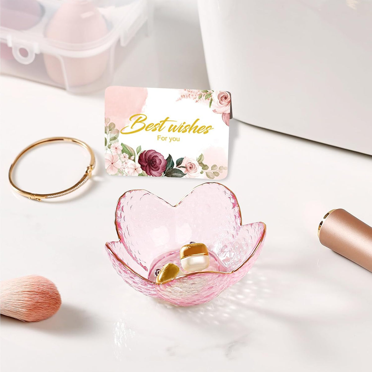 Gifts for Women Pink Flower Ring Dish Glass Jewelry Dish Jewelry Tray Cute Vanity Organizer Room Decor Aesthetic Nightstand Bathroom Decor Trinket Dish Ring Holder Dish Jewellery Tray Valentine's Gift