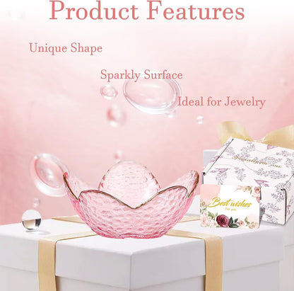 Gifts for Women Pink Flower Ring Dish Glass Jewelry Dish Jewelry Tray Cute Vanity Organizer Room Decor Aesthetic Nightstand Bathroom Decor Trinket Dish Ring Holder Dish Jewellery Tray Valentine's Gift