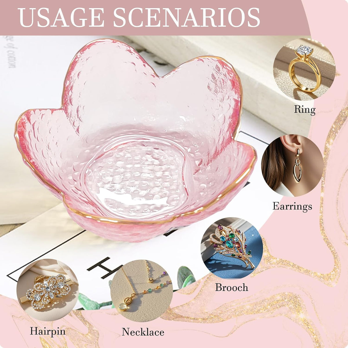 Gifts for Women Pink Flower Ring Dish Glass Jewelry Dish Jewelry Tray Cute Vanity Organizer Room Decor Aesthetic Nightstand Bathroom Decor Trinket Dish Ring Holder Dish Jewellery Tray Valentine's Gift