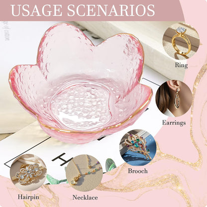 Gifts for Women Pink Flower Ring Dish Glass Jewelry Dish Jewelry Tray Cute Vanity Organizer Room Decor Aesthetic Nightstand Bathroom Decor Trinket Dish Ring Holder Dish Jewellery Tray Valentine's Gift