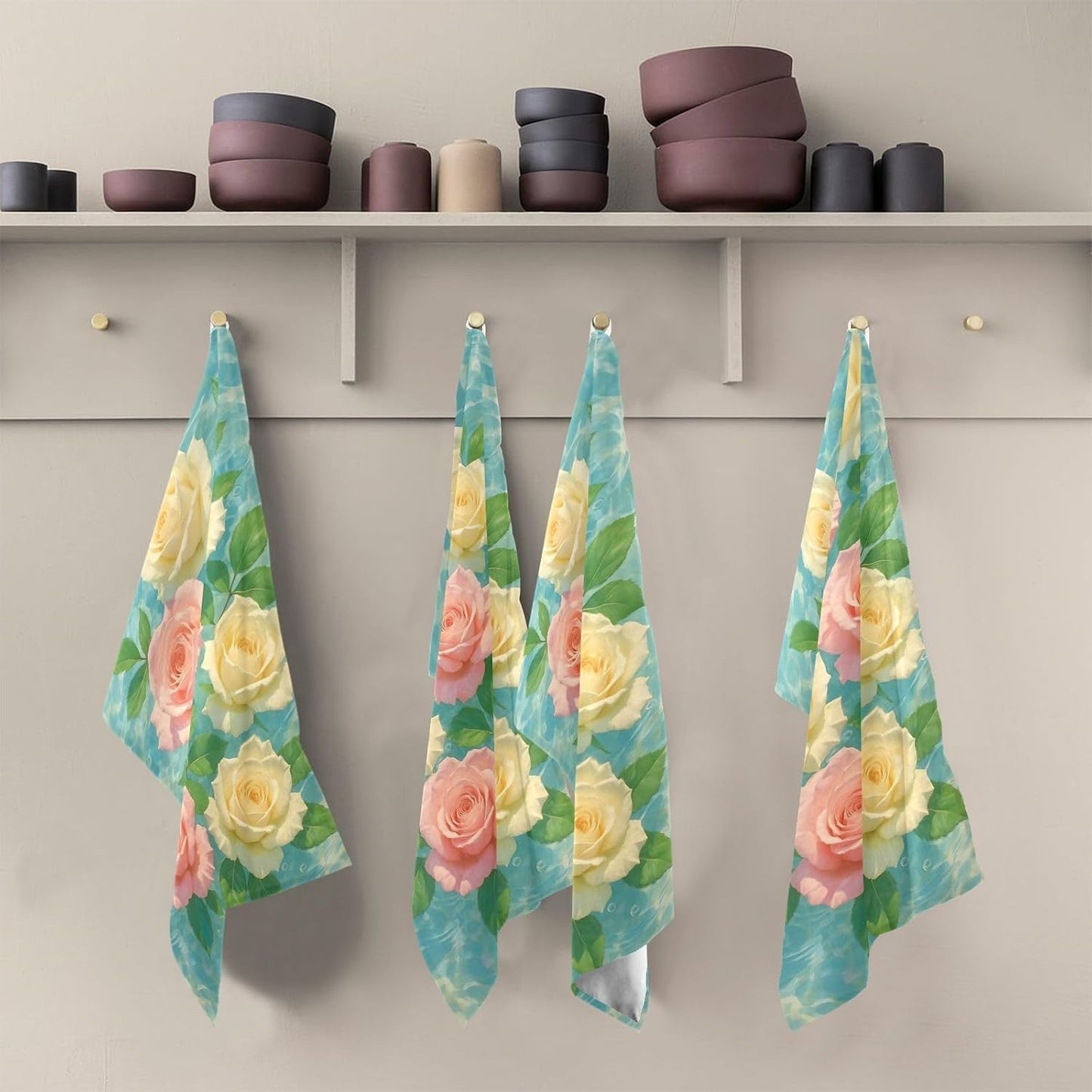 Pastel Pink Cream Roses Kitchen Dish Towel Set Decorative Tea Hand Towel Cute Cleaning Cloth Absorbent Soft 18 x 28 Inch, 4 Packs