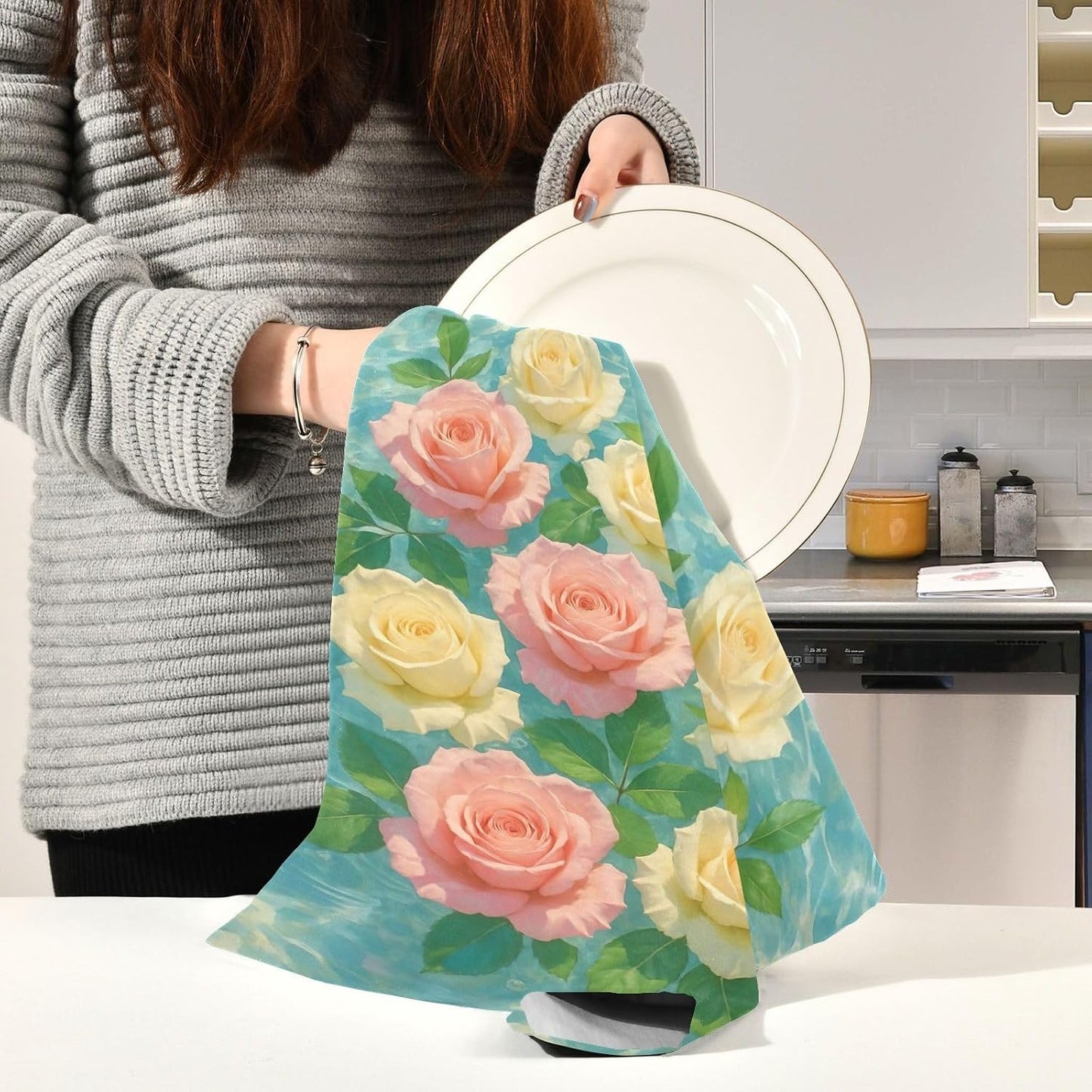 Pastel Pink Cream Roses Kitchen Dish Towel Set Decorative Tea Hand Towel Cute Cleaning Cloth Absorbent Soft 18 x 28 Inch, 4 Packs